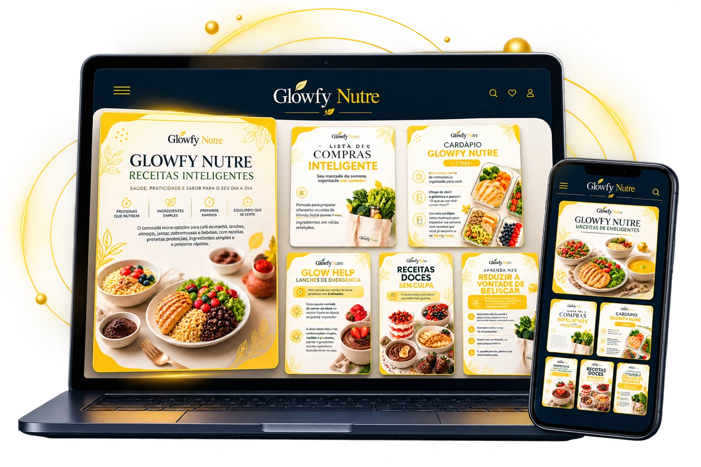 Área de membros digital do Glowfy Nutre com acesso aos materiais pelo computador e celular